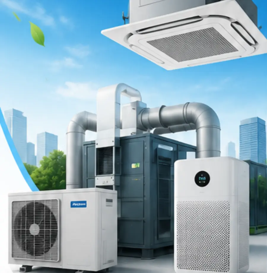 Air-conditioning condensers, air purifier and ductwork installed for a commercial building